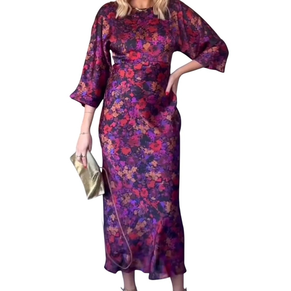 Zara Womens Floral Satin Maxi Dress M Purple Dark Romantic Flowy Elegant Modest